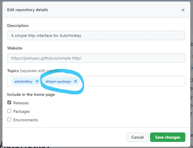 Screenshot showing how to add the <code>ahkpm-package</code> topic